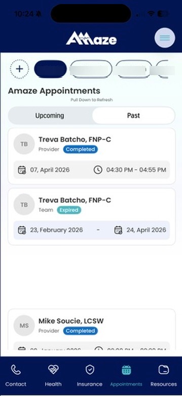 Upcoming and past visits.